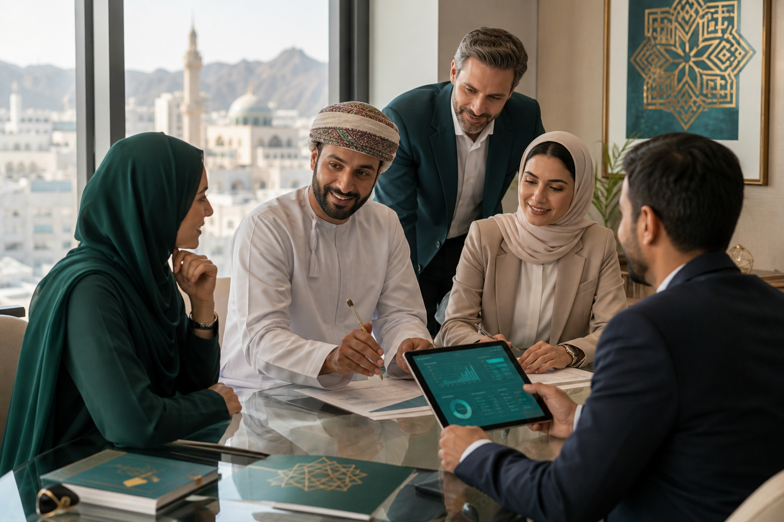 Investors and professionals collaborating on Shariah-compliant ethical finance